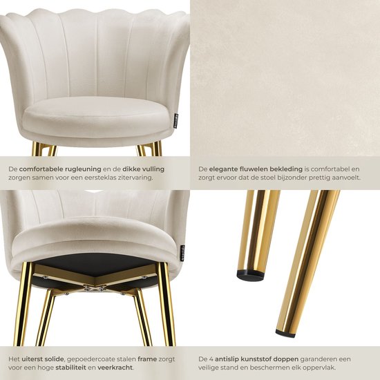 tectake® Sessel Stella – Schalensessel mit Armlehnen – Bequemer Esszimmerstuhl – Küchenstuhl – Dicke Polsterung – Für Wohn- und Esszimmer – Mit Samtbezug – Creme/Gold