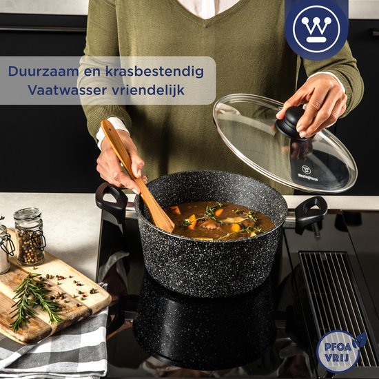 Westinghouse - Kasserolle - Ø 24 cm - Induktion - PFOA-frei - Inklusive Deckel - Schwarzes Marmorholz