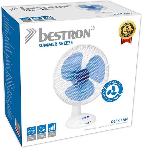 Bestron Tischventilator Ø 35cm, Ventilator mit 3 Geschwindigkeitsstufen & 75° Grad Drehfunktion, 40Watt, DDF35W, Farbe: weiß