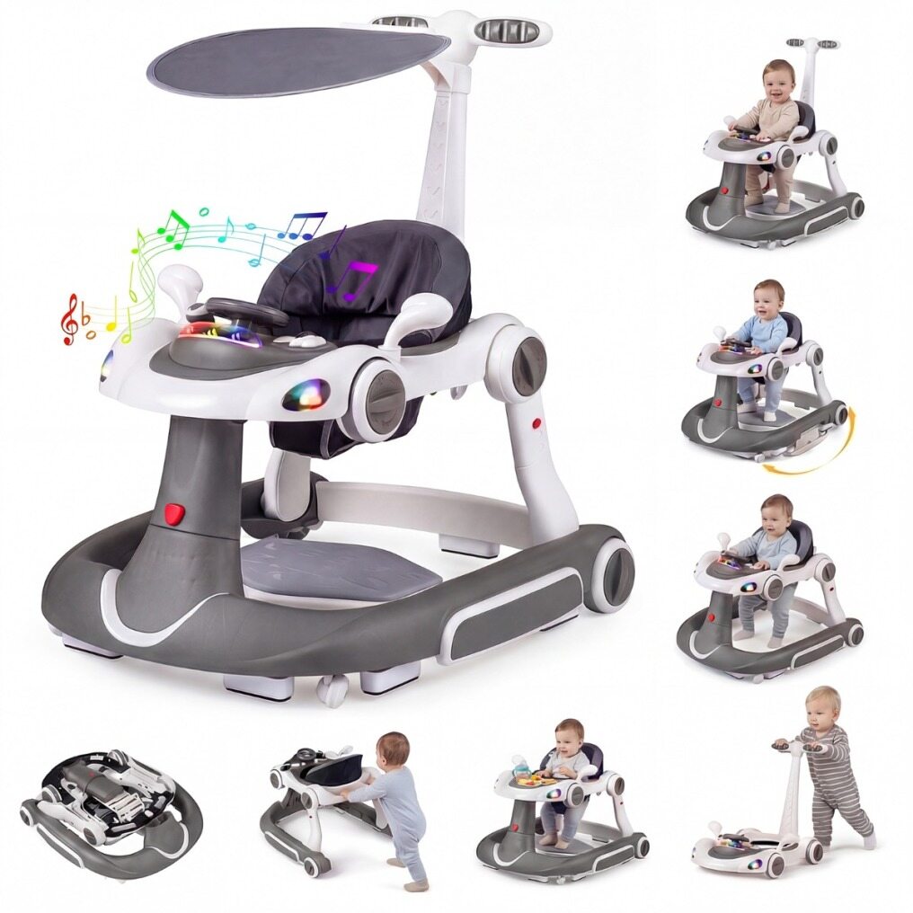 Coast 6-in-1 Lauflernwagen - Activity Center - Verstellbar - Musik - Beleuchtung - Schaukel - Grau
