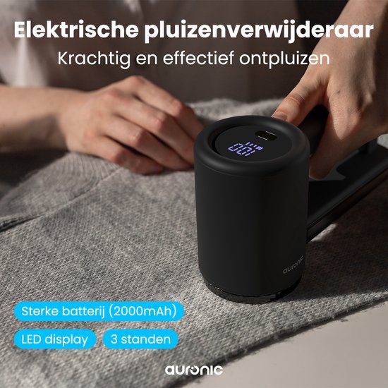 Auronic Elektrischer Fusselentferner Pro - Fusselentferner - Wiederaufladbar - LED-Anzeige - 3 Stufen - Entblätterer - Schwarz