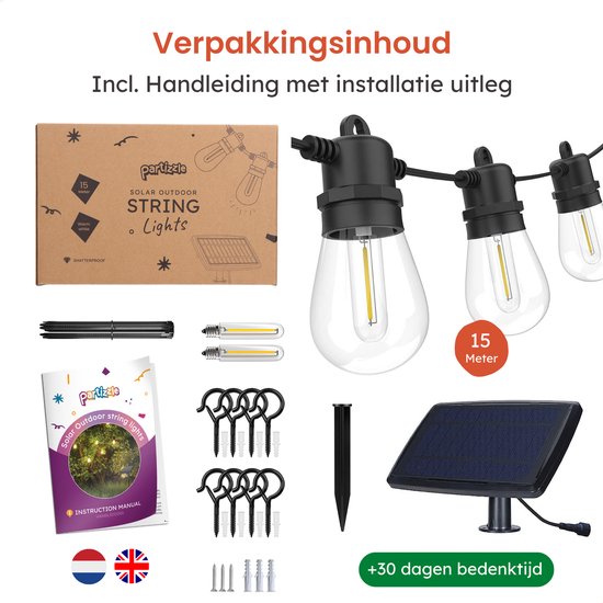 Partizzle 15m wasserdichte Solar Lichterkette - Dimmbar - LED Solar Gartenbeleuchtung - Camping Lichtergirlande - Solar Lichtergirlande für draußen - 2700K / Warm White