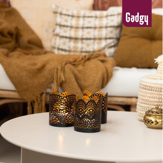 Gadgy Teelichthalter Rund - Teelichthalter 3er Set Dekoration Wohnzimmer - Stimmungsvolle Beleuchtung Innenräume - Kerzenhalter für Teelichter 8,5x10,5 cm - Windlicht Metall - Schwarz/Gold - Geschenk für Frau - Spitzenmuster