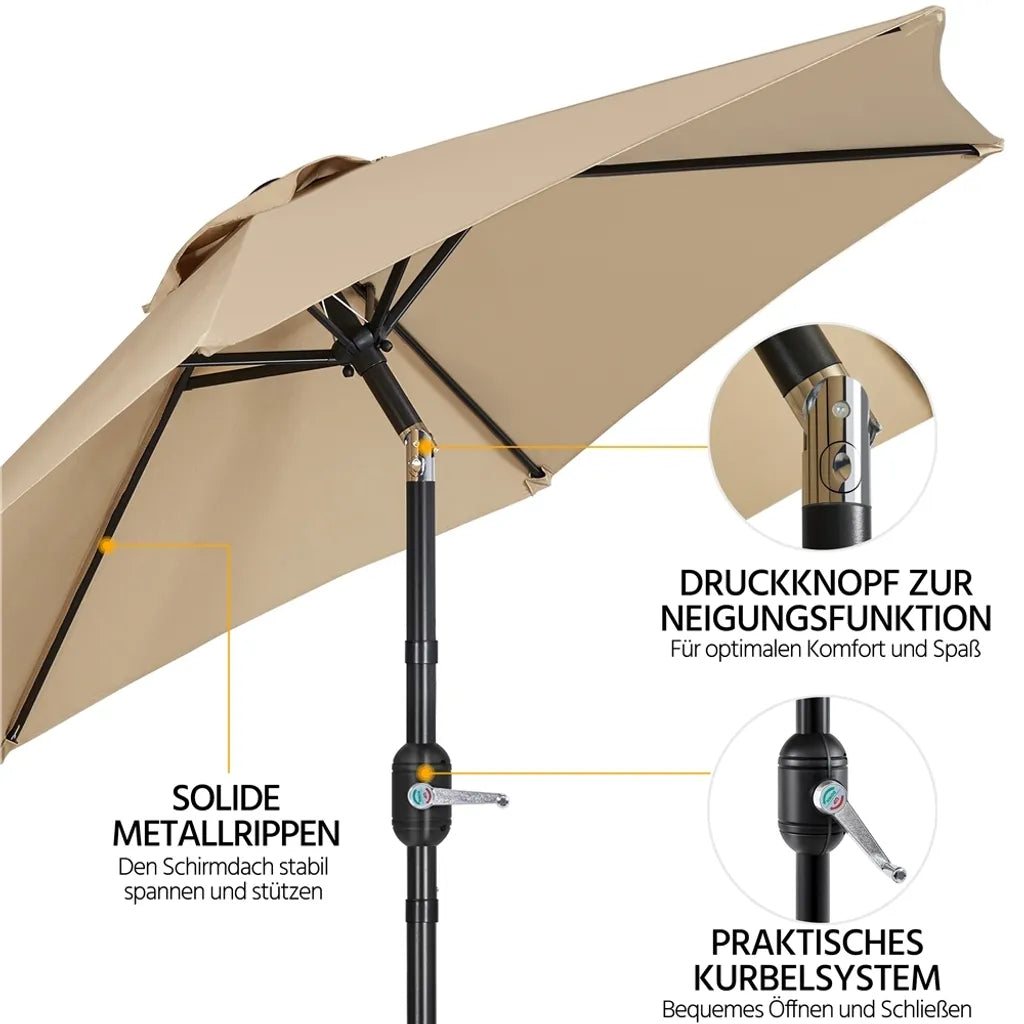 Yaheetech Sonnenschirm - Kippbar - Kurbel - 226 cm - Hellbraun