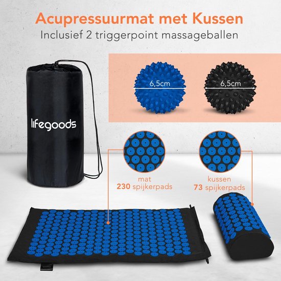 LifeGoods Akupressurmatte mit Kissen - Shakti Matte - Nagelmatte inkl. 2x Triggerpunkt Ball - 66x40x2cm - Schwarz/Blau