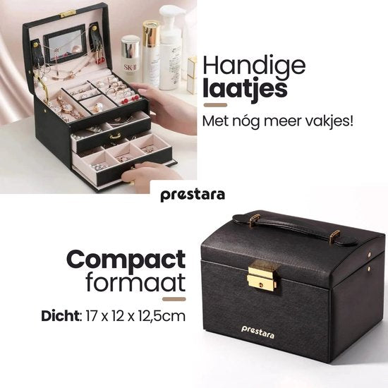 Ceruzo Schmuckkästchen mit Spiegel -Schmuckkästchen- Schwarz-PU-Leder-3 Schichten-Kompaktes Format-17,5 x 14 x 13 cm-Schmuckkästchen