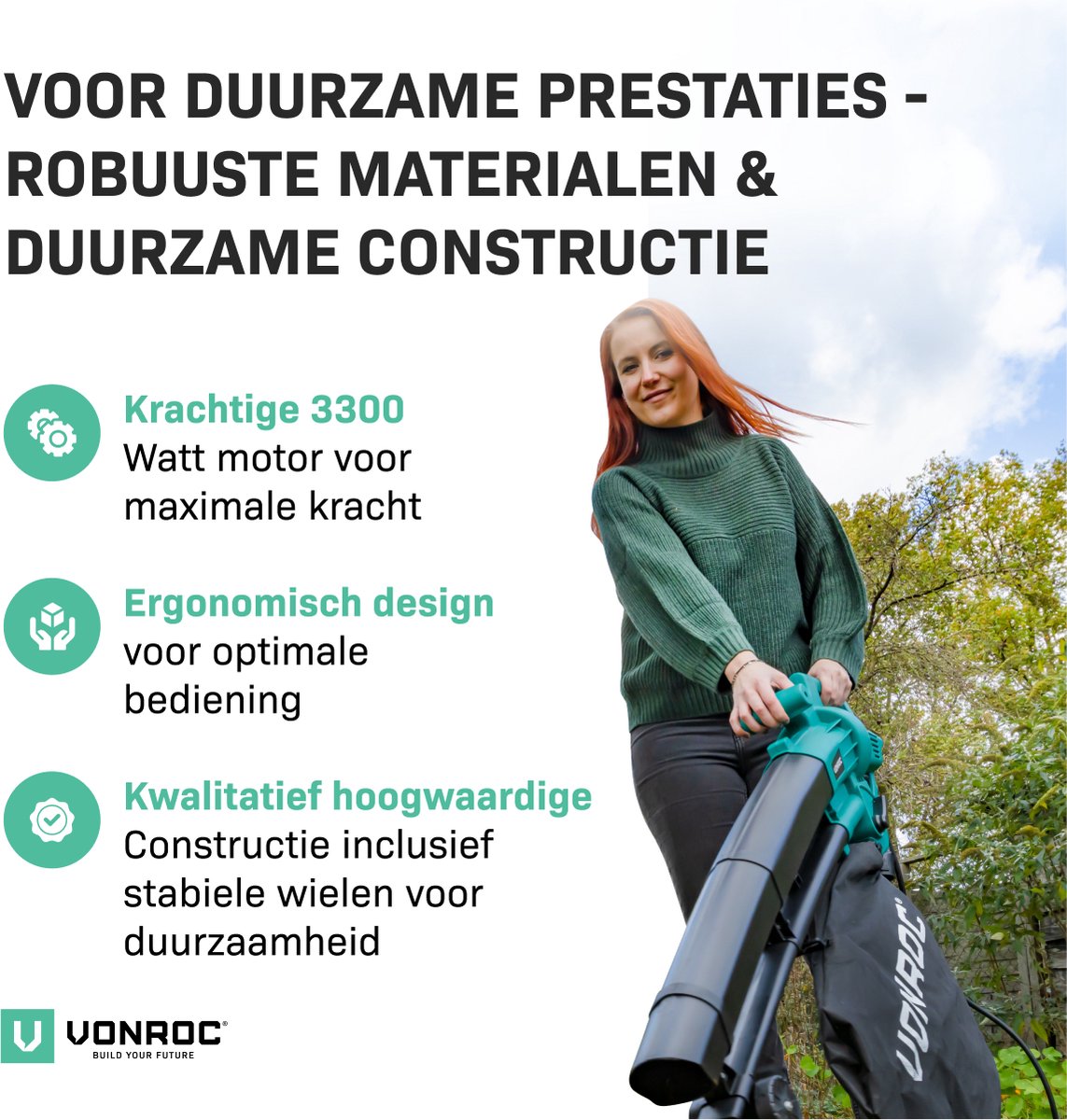 VONROC Laubbläser - Saugen & Häckseln - 3300 W - Inkl. 40-Liter-Auffangsack - Schwarz