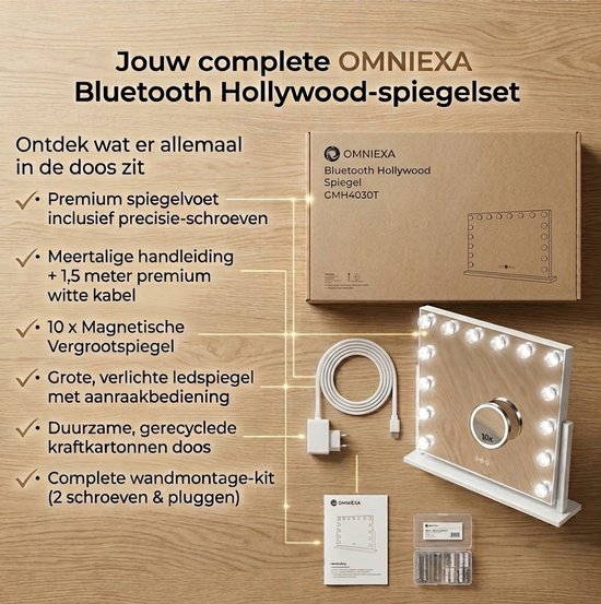 OMNIEXA Hollywood-Spiegel 58 × 46 cm – 15 LED-Lampen – 3 Lichtfarben – dimmbar – 10-fache Vergrößerung – USB-C – Make-up-Spiegel – Visagiespiegel – Vanity – Weiß