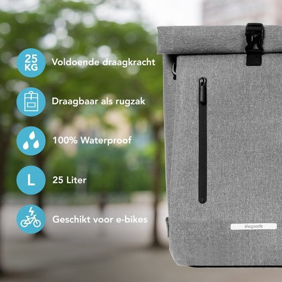 LifeGoods Single Bicycle Bag - Kompakt - Umhängetasche und Rucksack - 25L - Runder Gepäckträger - Wasserdicht - Grau