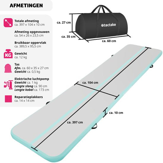 Tectake - Airtrack Matte - Aufblasbare Gymnastikmatte Air Flexy -Weichbodenmatte - Inkl. elektrischer Luftpumpe und Tragetasche - Größe 397 x 104 x 10 cm - türkis/grau
