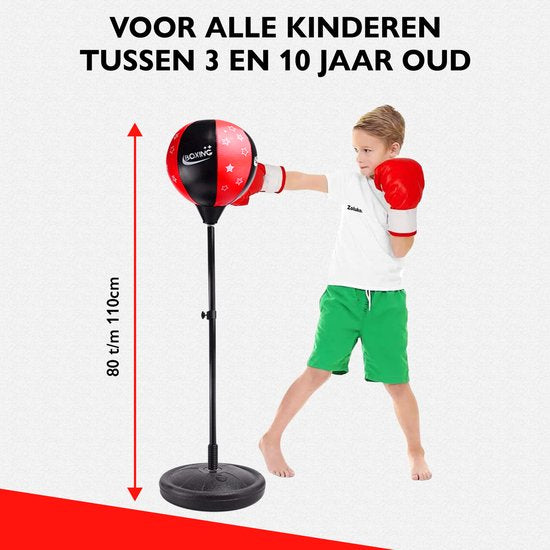 Zoluko Boxball auf Fuß für Kinder - Inkl. Boxhandschuhe und aufblasbare Pumpe - Höhenverstellbar - Für drinnen und draußen - Boxball auf Ständer - Boxtrainer - Boxstange - Boxset Kinder - Boxball stehend - Boxen - Heimsport - Schwarz/Rot