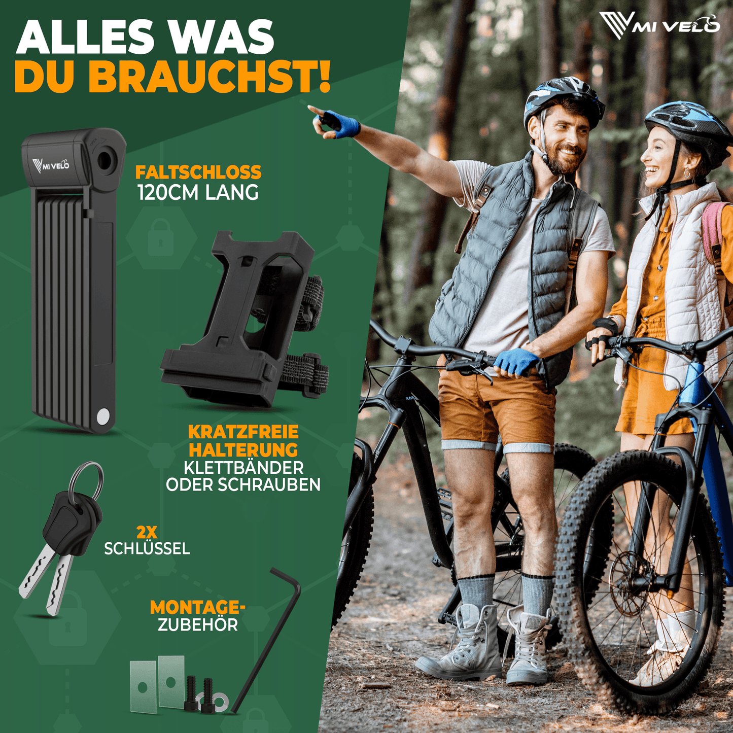 MIVELO - Robustes Fahrradschloss mit Schlüssel – 120 cm lang – Carbonstahl – Schwarz