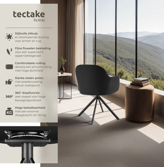 tectake® Velvet swivel chair - Bürostuhl - Esszimmerstuhl mit Armlehnen - Velvet office chair, kitchen chair, living room chair - 56 x 59 x 81 cm - Schwarz/Schwarz
