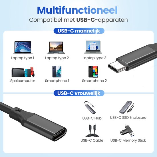Garpex® USB-C-Verlängerungskabel - USB-C-Kabel - USB-C-zu-USB-C-Kabel - USB 3.1 Typ-C-Verlängerungskabel - 1 Meter