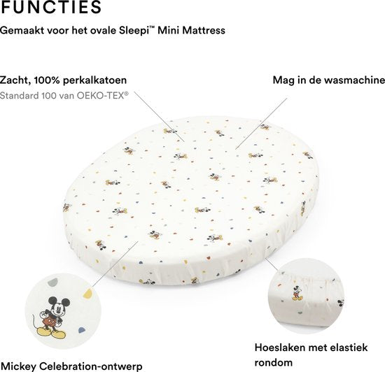 Stokke Sleepi Mini-Spannbetttuch, Mickey Celebration – Weiche Bettwäsche für süße Träume – Passend für die ovale Sleepi Mini-Matratze – Sicher, stilvoll und waschbar – 100 % feine Perkal-Baumwolle