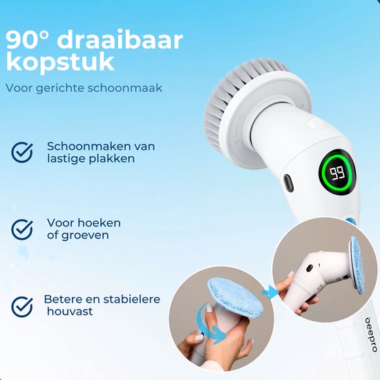Beepro® Elektrische Reinigungsbürste - Elektrischer Schrubber - Scheuerbürste - Für Bad und Küche - Schrubber mit Griff - 10 Aufsätze
