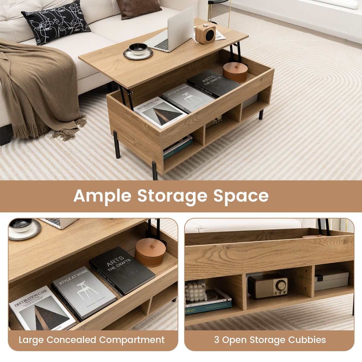 Coast Adjustable Couchtisch mit anhebbarer Tischplatte und 3 offenen Fächern - 104,5 x 49 x 62,5 cm - Naturfarbe