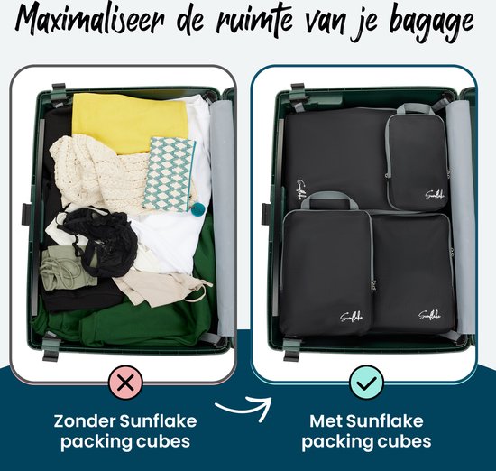 Packwürfel mit Kompressionsreißverschlüssen - Set mit 4 Kompressionswürfeln für Rucksack und Koffer - Kompression - Schwarz - Sunflake
