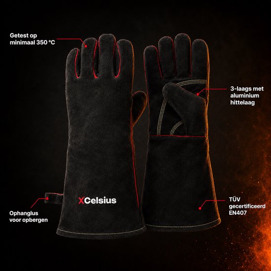XCelsius® BBQ-Handschuhe aus Spaltleder – TÜV-zertifiziert nach EN 407 – Hitzebeständige Grill- und Ofenhandschuhe – Für Kamado, Gusseisen, Roste und Hitzeschilde – Geschenke für Männer – 1 Paar – Schwarz mit Rot