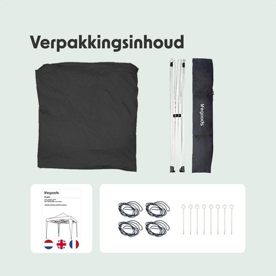 LifeGoods Party Tent Plus - Faltzelt - 3x3 m - Easy Up - Verstärkter Rahmen - Wasserdicht - Tragetasche - Schwarz