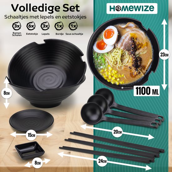 Homewize - Ramen Bowl 3x - Set 14-teilig - Nudelschüssel-Set mit Suppenlöffel & Essstäbchen - stark & spülmaschinenfest - schwarz