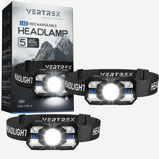 Vertrex Headlamp LED Rechargeable - Stirnlampe - Stirnlampe - Haupttaschenlampe - Weißes & rotes Licht