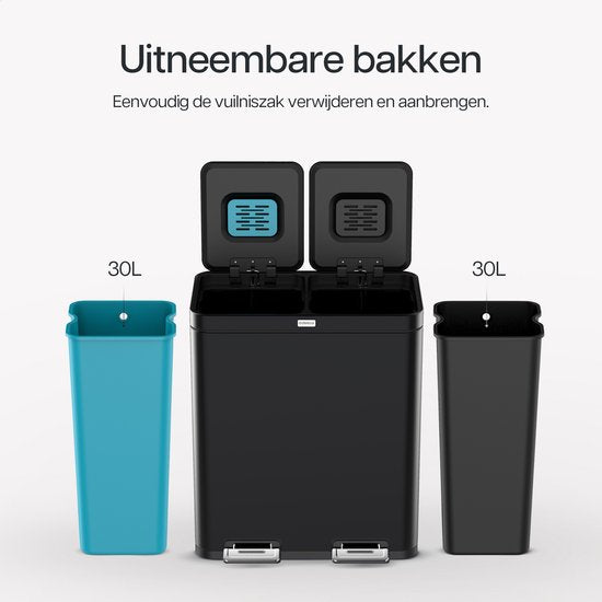 Deleca Wertstoffbehälter mit 2 Fächern - 60 Liter (2x30) Abfallbehälter - Mülltrennung / Pfandbehälter / Tret-Abfallsammler - Mülleimer mit FreshAura Geruchskontrolle - Slow Close - Edelstahl Schwarz
