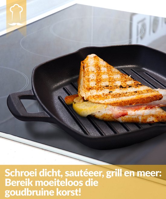 Chefarone Grillpfanne aus Gusseisen – 25,5 cm – Für Induktion, Gas, Backofen und Grill – Quadratische Grillpfanne mit Rillen – Perfekte Grillstreifen und gleichmäßige Wärmeverteilung – Pfanne mit Griff