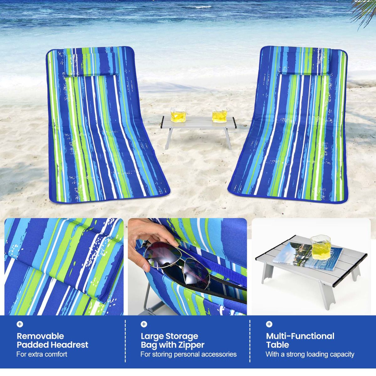 Strandmatten Coast (2 Stück) mit Beistelltisch - 151 x 56 x 27 cm - Grün / Blau