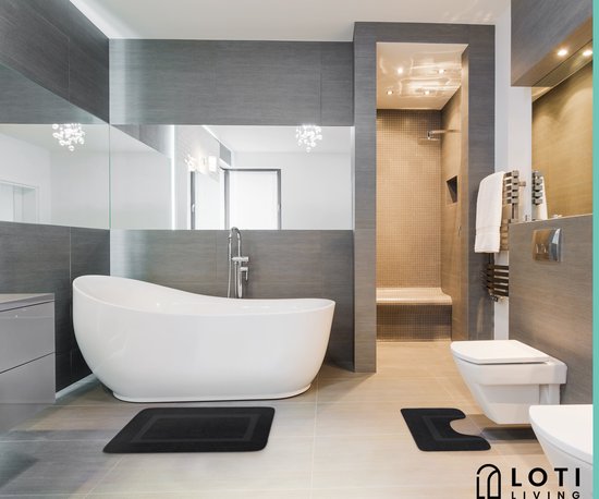 Loti Living Bademattenset mit Toilettenvorleger Anti-Rutsch - Duschvorleger - Badezimmervorleger - Bodenvorleger - Bademattenset Toilettenvorleger - Bademattenset Anti-Rutsch - Schwarz - 50x80 cm + 50x40 cm