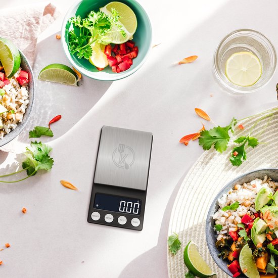Kitchenwell digitale Mini-Präzisionsküchenwaage - 0,01 bis 200 Gramm - 14,2 x 7,5 cm - Taschenwaage USB aufladbar - Küchenwaage - schwarz