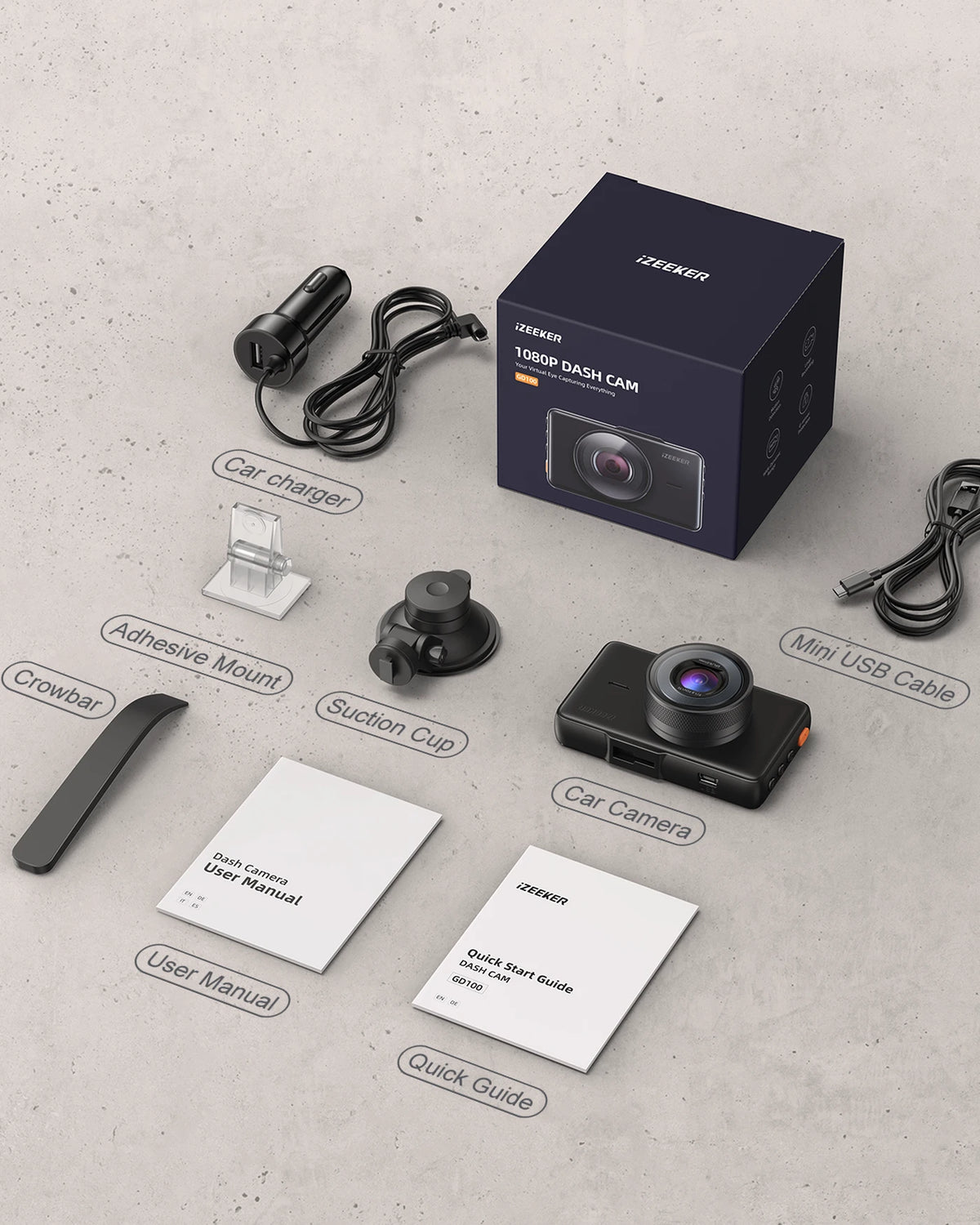 iZEEKER GD100 Dashcam 1080p – 3-Zoll-Bildschirm – Nachtsicht, 170°-Weitwinkel, G-Sensor