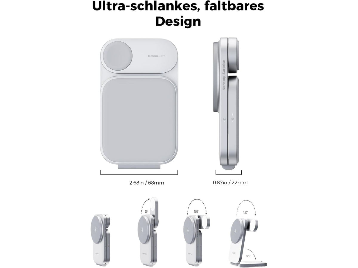 AMEGAT 3-in-1 MagFusion Z Ladestation – Qi2 – 15 W – MagSafe – zusammenklappbar – inklusive 30-W-Adapter
