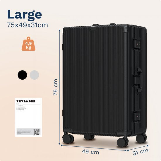 TRVLMORE Premium-Reisekoffer 115 l – ohne Reißverschluss – mit zwei TSA-Schlössern – Aluminiumrahmen – schwarz