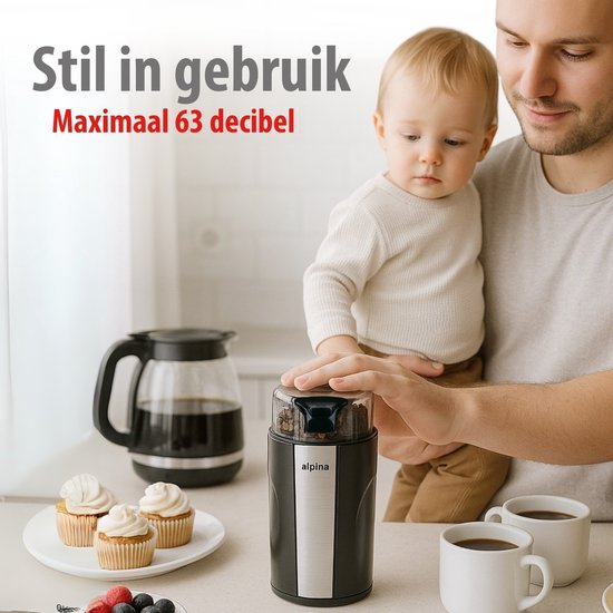 alpina Elektrische Kaffeemühle 200 W – Kaffeemühle für 70 g Kaffeebohnen – Kaffeemühle mit Edelstahlmessern – Mühle mit Sicherheitsverriegelung – Schwarz