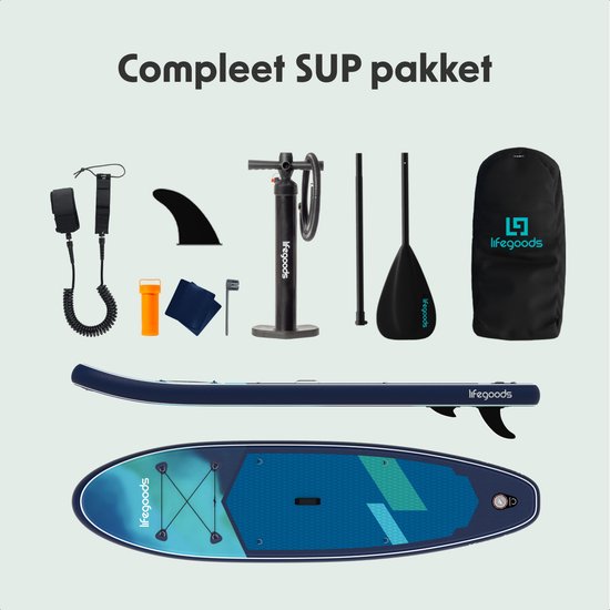 LifeGoods SUP-Board Allround Compact – 100 kg Tragkraft – 300 x 76 cm – Aufblasbar – Komplettes SUP-Set – Blau/Grün