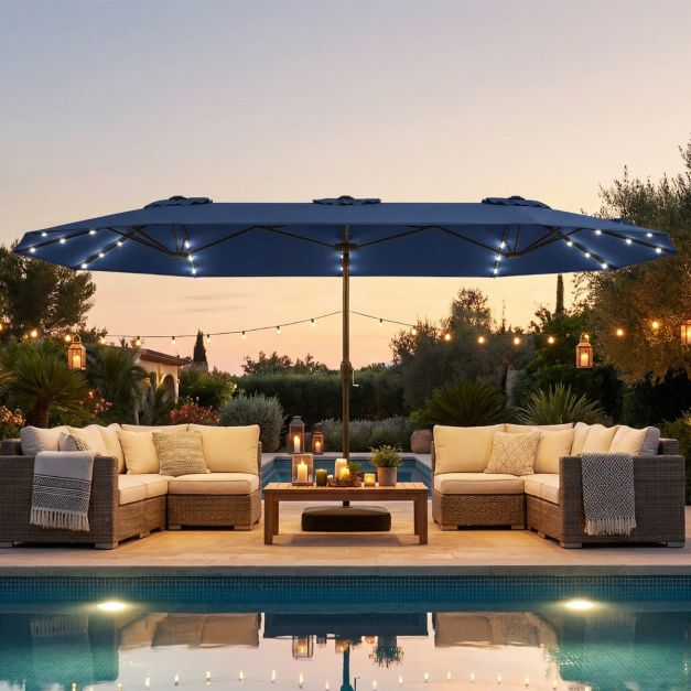 Coast Gartensonnenschirm mit Solar-LED – Neigbarer Sonnenschirm mit Pendel und 8 Speichen – Blau