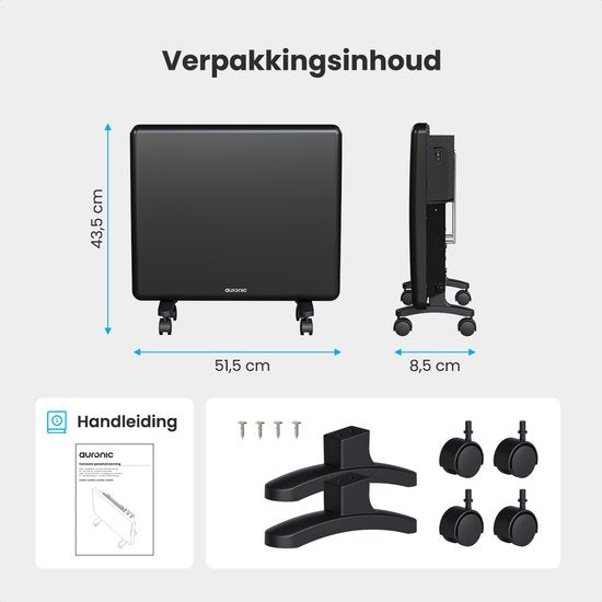 Auronic Konvektorheizung - 1000W - Elektroheizung - 3 Stufen - Metallheizkörper - Freistehend - Räder - Schwarz