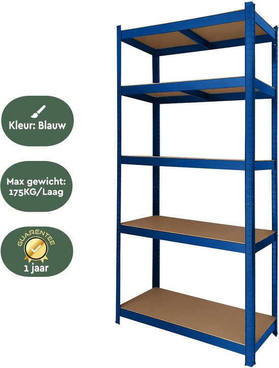 BRASQ Blaues Metallregal – Aufbewahrungsregal – Wandschrank – Aufbewahrungsschrank – 180 x 90 x 40 cm – 5 Ebenen – Schrank – 175 kg/Einlegeboden – max. 875 kg
