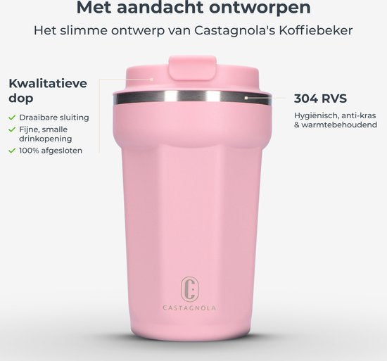 Castagnola Thermosbecher - Kaffeebecher To Go - Reisebecher für Kaffee und Tee - Teebecher - 380 ML - Edelstahl - Rosa - Achteck