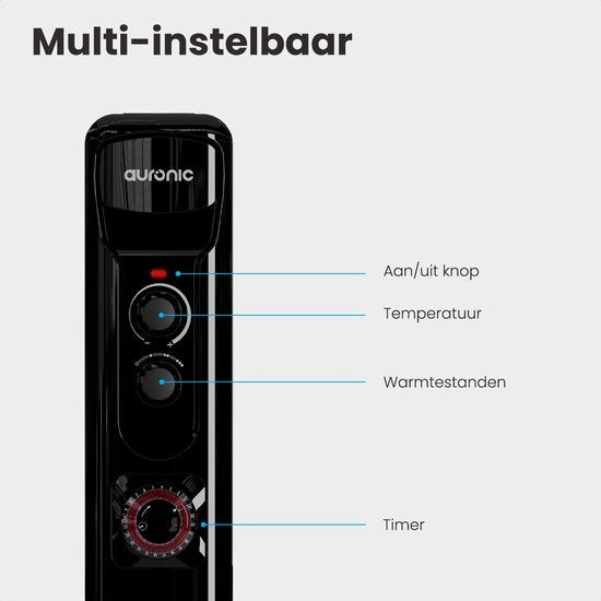 Auronic Ölradiator - Elektrische Heizung - Thermostat - Timer - 3 Stufen - bis zu 1500W - Schwarz
