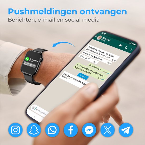 Nuvance - Smartwatch für Männer und Frauen mit Bluetooth - IP68 Wasserdicht - Geeignet für alle Smartphones - Schrittzähler und Herzfrequenzmesser - Schwarz