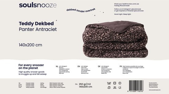Soulsnooze Teddy-Bettdecke Panther Anthrazit 240×220 – 2-in-1-Bettdecke ohne Bezug – Waschbare Bettdecke ohne Bezug – Decke – Tagesdecke – Flauschige Decke