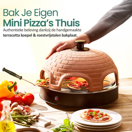Emerio Pizzarette Original - 6-Personen-Pizzaofen - Handgefertigte Terrakotta-Kuppel - 6 isolierte Backspatel - Edelstahl-Backplatte - Gourmet-Set mit Cool Touch Kuppel - PO-115984 1200W