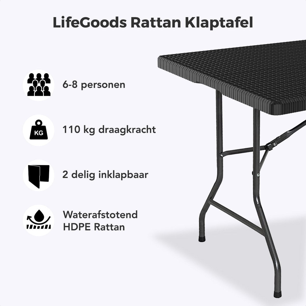LifeGoods Zusammenklappbarer Tisch - 180 cm - Campingtisch - 6 bis 8 Personen - Klapptisch - Schwarz