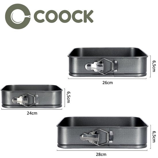 COOCK 3-tlg. Backblech-Set Quadratisch - Springform - Kuchenblech Rechteckig mit Antihaftbeschichtung - 24 bis 28 cm Durchmesser - Kuchenform Inkl. Teigschaber & E-Book