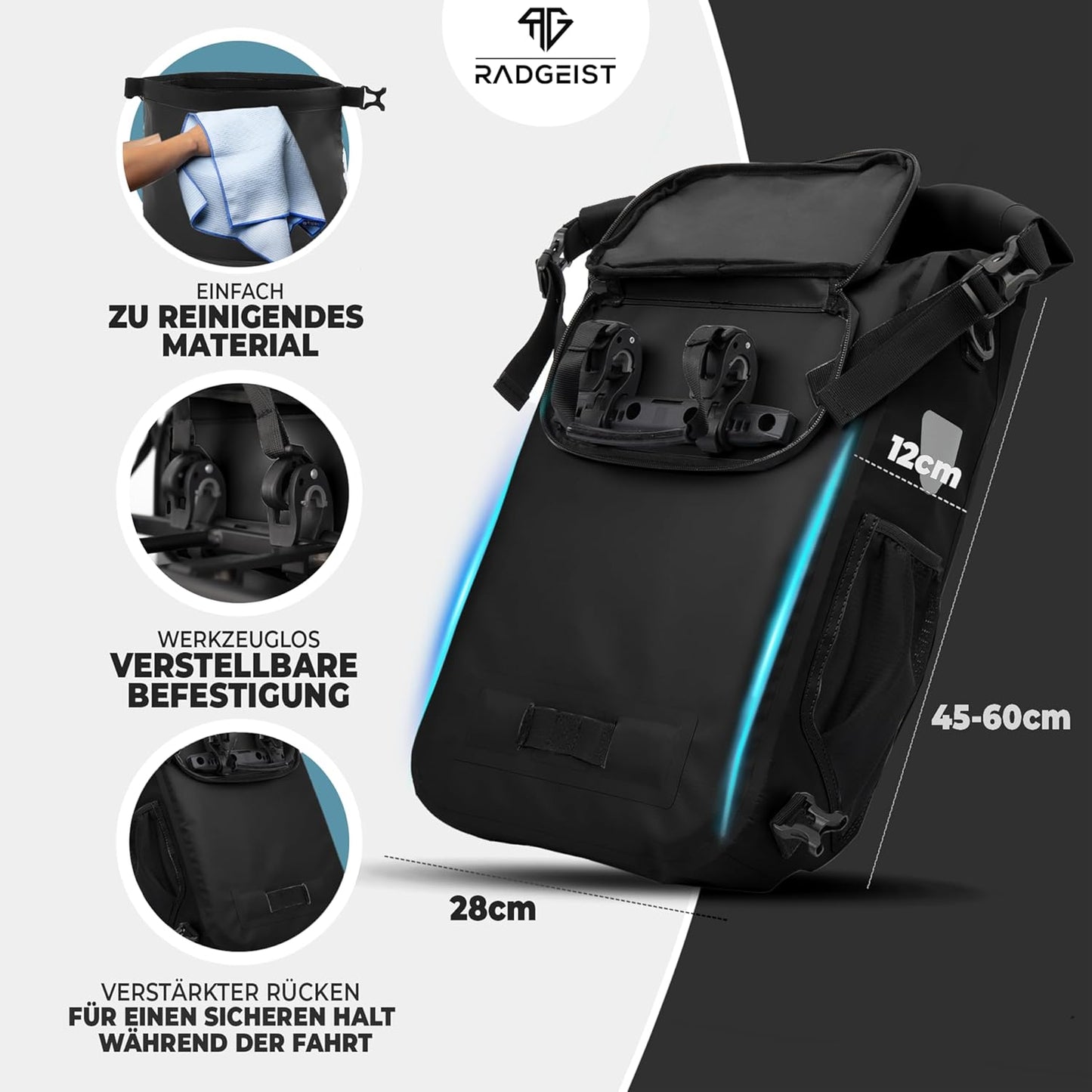 RADGEIST 3 in 1 Fahrradtasche - Für Gepäckträger - 18-22L - 100% wasserdicht - Schwarz