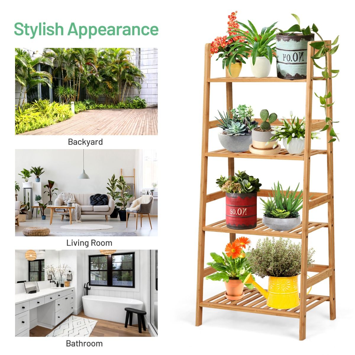 Coast 4-tier Ladder Shelf Plant Stand and Bamboo Book Rack - Natural - 48x32x114 cm