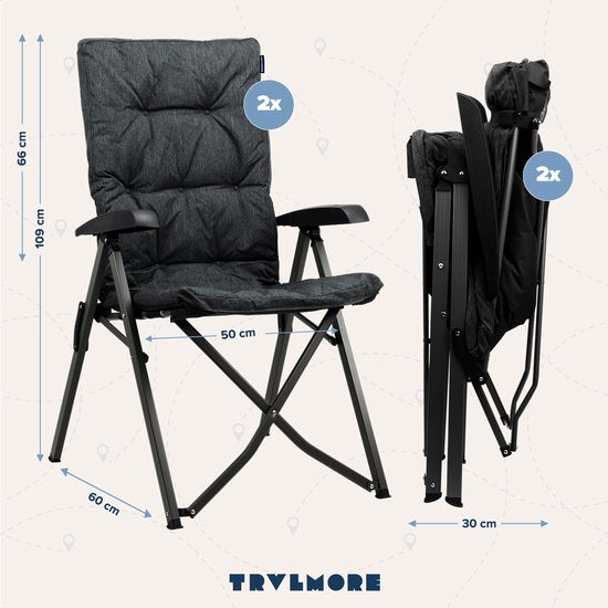 TRVLMORE Campingstuhl - Duo Pack - 150 kg Belastbarkeit - Staufach - Schwarz