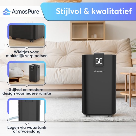 AtmosPure® Luftentfeuchter AirDry Elite – 12 l pro Tag – Wasch- und Trocknungsfunktion – Luftreiniger, ideal für Waschküche, Badezimmer, Wohnzimmer und Keller – Schwarz – Luftentfeuchter